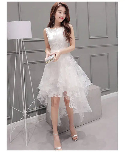 Summer High Low Retro Dress Vintage Women Sleeveless Front Back Short Long Organza Lace Dress Ladies Elegant Party Dress  (Available)