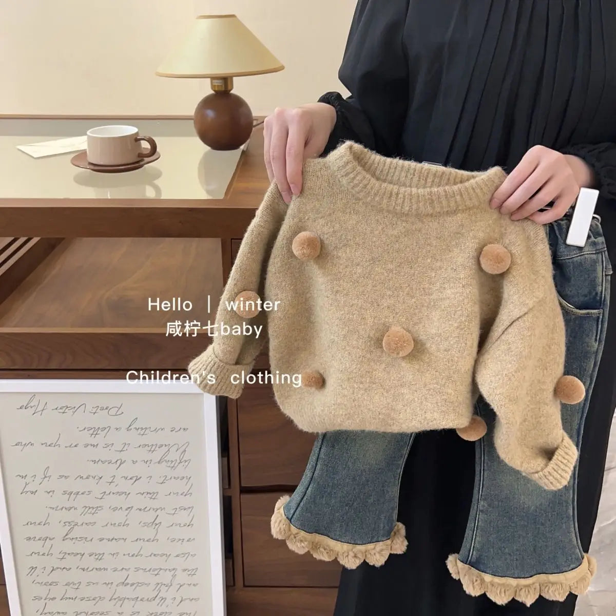 Autumn Tops's Girls Knitted Pullover Sweater Casual Simple Balloon Top Coat Winter Baby Clothing Fur Ball Design 1PCS   (Available)