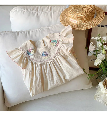 Summer Girls Flower Embroidered Dress Retro Flying Sleeve Princess Dresses 2-6 Years Children Casual Clothes Fashion Sundress