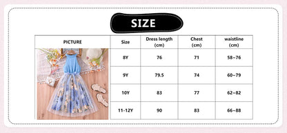 Kids Dress For Girls 8-12 Years Summer Girls Blue Printed Tulle Dress Elegant Fashion Temperamental Princess Dress For Kids