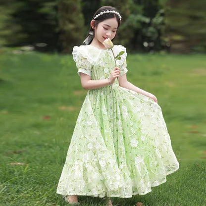 Girls Summer Dresses New Children's Princess Gown Big Kids Short-sleeved Dress Teen Girls Peter Pan Collar Clothing 4-12Y