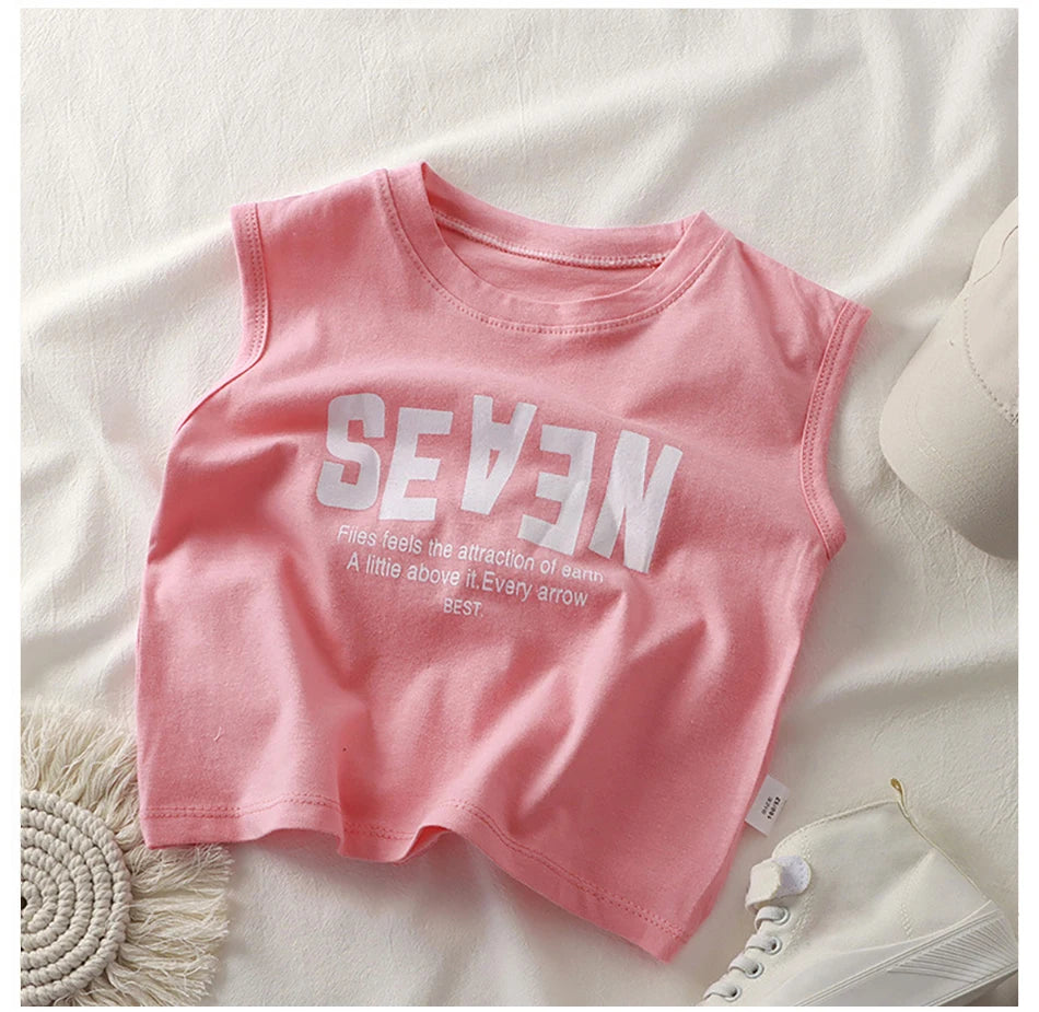Summer Boys Letter Print Tops Girls Wide Shoulder Vest Children's O-neck T-shirt 2025 Baby Kids Korean Solid Sleeveless Tank Top