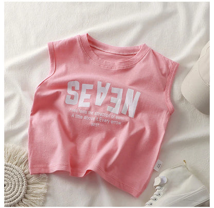 Summer Boys Letter Print Tops Girls Wide Shoulder Vest Children's O-neck T-shirt 2025 Baby Kids Korean Solid Sleeveless Tank Top