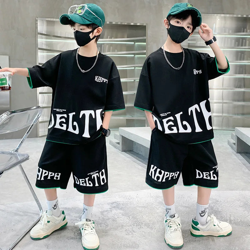 Boys Summer Letter Print Tee Shorts Two Piece Set New Big Kids Casual Wear Outfit Everyday Wear Simple Style Matching Children