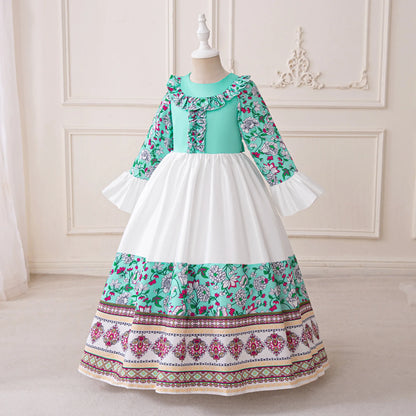 Girl Dress For Eid Arab Muslim Floral Print Long Sleeve Dress For Children Formal Pageant Party Festival Ceremonial Banquet Gown