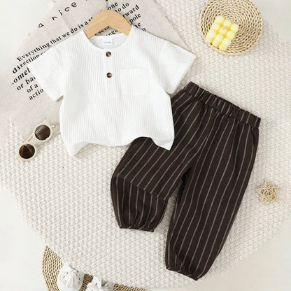 Baby Boy Summer Clothes Set Short Sleeve Top+Striped Pants 2PCS Comforts Outfits for Toddler Boy 1-3 Years Daily Wear Costume