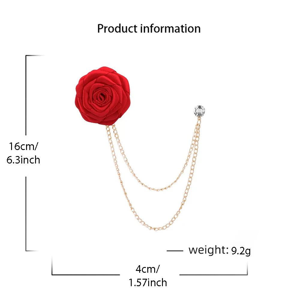 Men Wedding Brooches Cloth Art Handmade Rose Flower Brooch Lapel Pin Badge Tassel Chain Men's Suit Accessories Groom Boutonniere