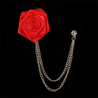 Men Wedding Brooches Cloth Art Handmade Rose Flower Brooch Lapel Pin Badge Tassel Chain Men's Suit Accessories Groom Boutonniere