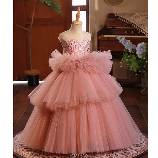 Girls Pageant Dress Stage Host Gown Kids Piano Performance Outfit Birthday Walking Formal Wear Party Flower Girl Wedding Show