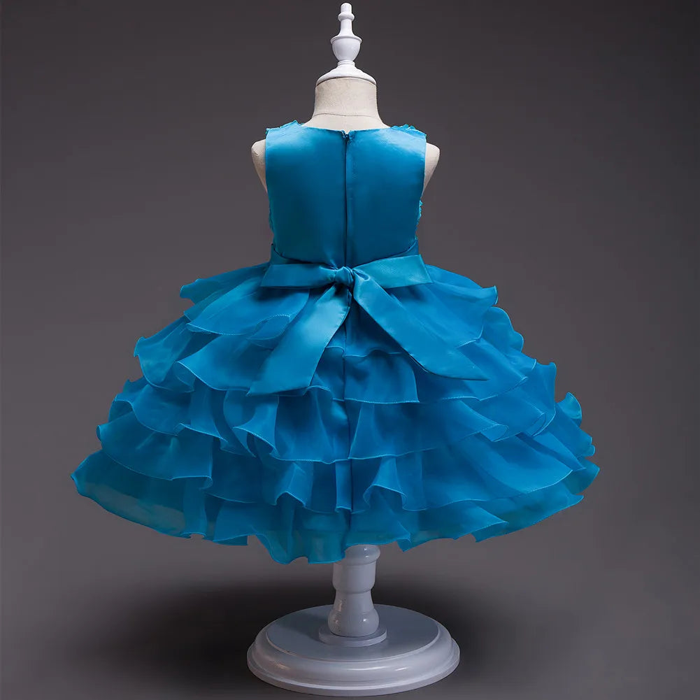 Girl's bow dress A dress with suspenders Rose flower girl wedding dress