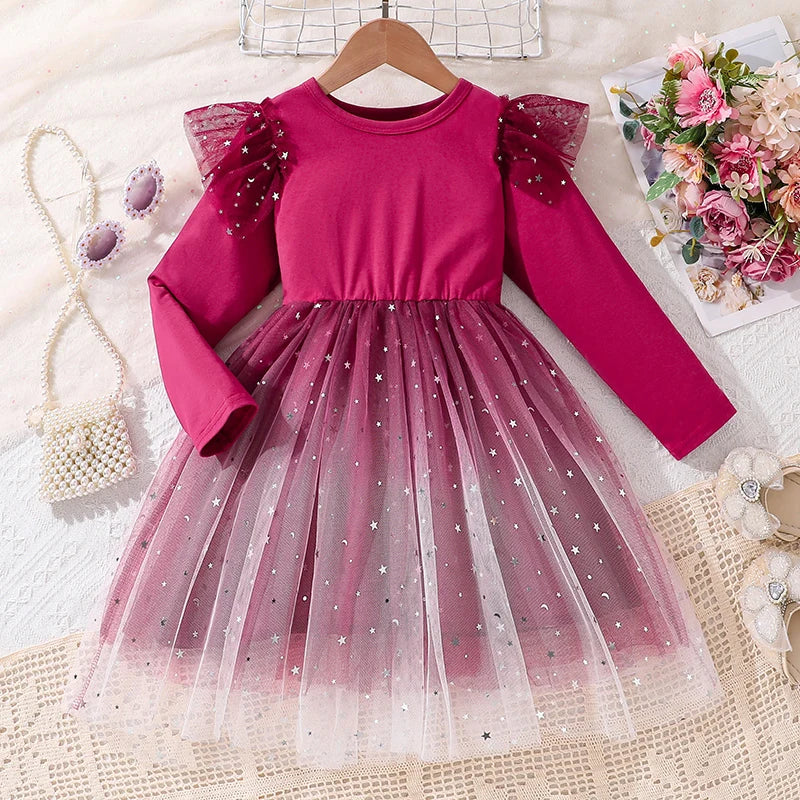 4-6-year-old girl's dress in spring and autumn is sweet and lovely, round neck and long sleeve stitching, star printing gauze he