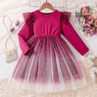 4-6-year-old girl's dress in spring and autumn is sweet and lovely, round neck and long sleeve stitching, star printing gauze he