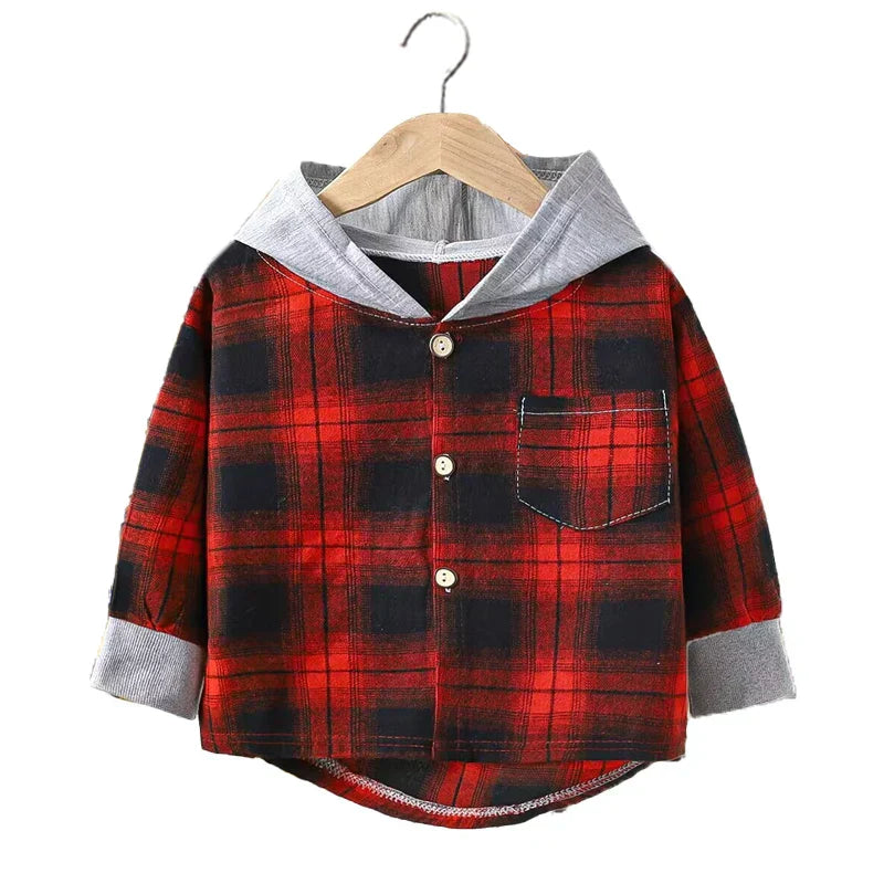 Spring and Autumn Children's Coat plaid boy shirt hooded plaid shirt 2-12 year old girl long sleeved coat baby clothes (Available)