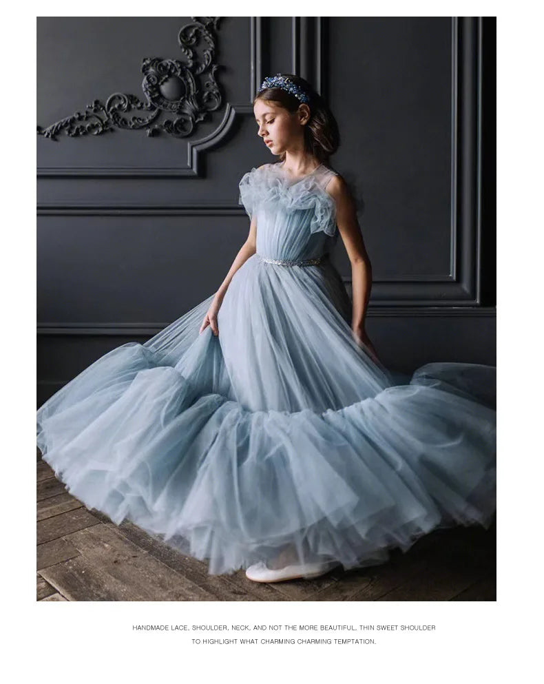 Children's Dresses 2025 New Flower Girl Long Blue Gauze Gown Evening Dress Ball Catwalk Piano Performance Princess Customized