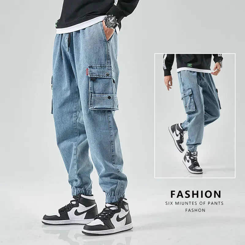 Men Joggers Cargo Denim Pants Baggy Harem Japanese Streetwear Styke Male Ankle Harajuku Casual Hip Hop Jeans Trousers Men