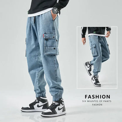 Men Joggers Cargo Denim Pants Baggy Harem Japanese Streetwear Styke Male Ankle Harajuku Casual Hip Hop Jeans Trousers Men
