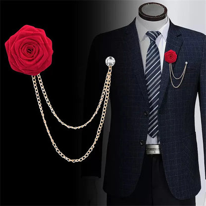 Men Wedding Brooches Cloth Art Handmade Rose Flower Brooch Lapel Pin Badge Tassel Chain Men's Suit Accessories Groom Boutonniere