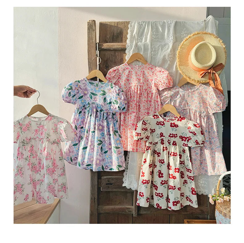 2025 Summer Kids Girls Dresses Short Sleeve A Line Girls Dresses Floral Print Pleated Dress For Girl