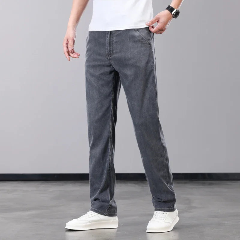 Summer Thin Men's Jeans Lyocell Fabric Soft Breathable Straight Denim Pants Brand Man Elastic Ice Silk Casual Trousers Grey Blue (Available)