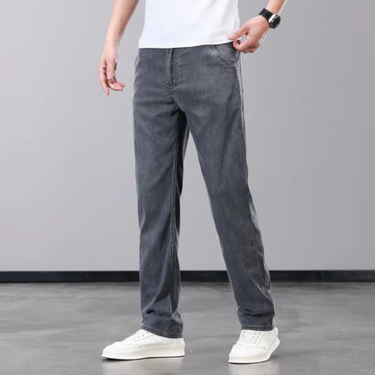 Summer Thin Men's Jeans Lyocell Fabric Soft Breathable Straight Denim Pants Brand Man Elastic Ice Silk Casual Trousers Grey Blue (Available)