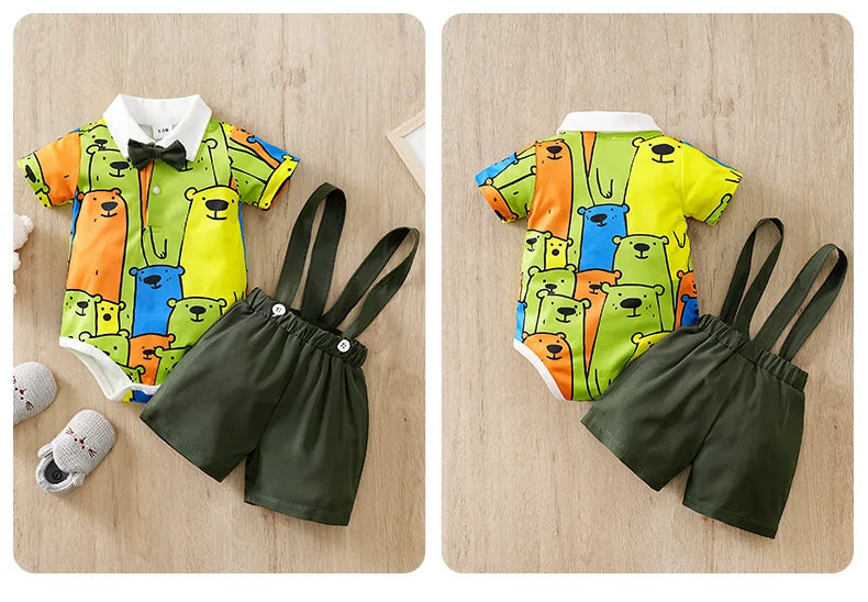 Summer bear Costume T-shirt+shorts Pants Boy Girl Baby Infant Outfit Clothes Toddler Casual Cartoon Print Clothes Four colors