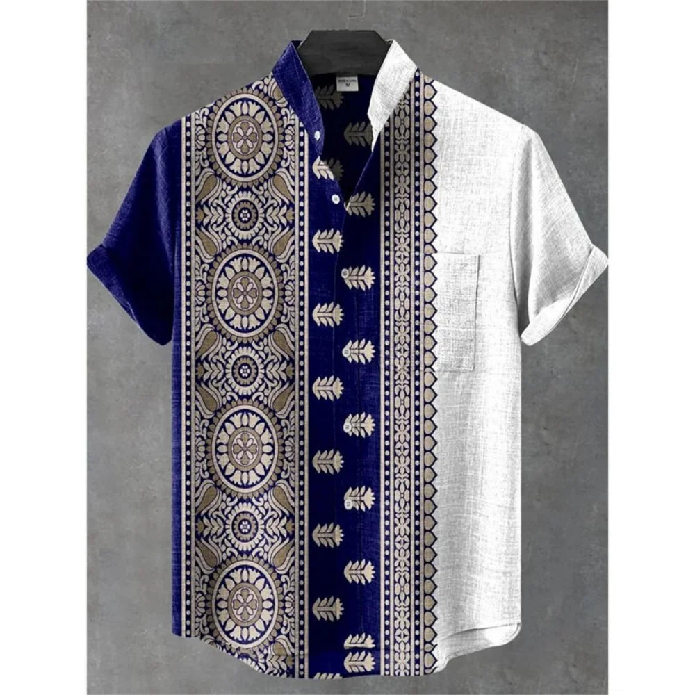 Men's summer shirt, fashionable stand up collar short sleeved cardigan, ethnic tribal printed pocket, linen breathable men's top   (Available)