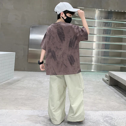 Boys Summer Clothing Top and Bottom Set For Teens Children Casual Cotton Outfit Suit Brown Color Kids Cotton Clothes Set