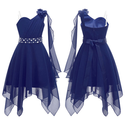 Summer Girls Festive Dress Hi-Lo Tulle Sleeveless Shiny Beaded Dress Flower Kids Wedding Pageant Clothing Evening Communion Gow
