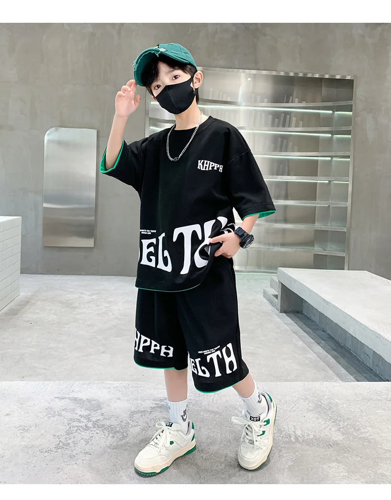Boys Summer Letter Print Tee Shorts Two Piece Set New Big Kids Casual Wear Outfit Everyday Wear Simple Style Matching Children