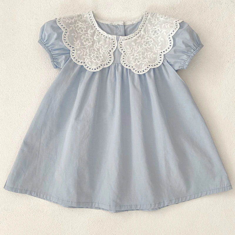 Baby Girls Dress Kids Summer Cute Flowers Dress 1-6 Yrs Children Fashion Doll Collar Princess Dress Blue Cotton Girl's Dresses