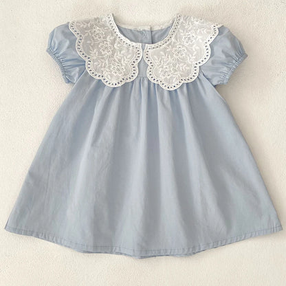 Baby Girls Dress Kids Summer Cute Flowers Dress 1-6 Yrs Children Fashion Doll Collar Princess Dress Blue Cotton Girl's Dresses