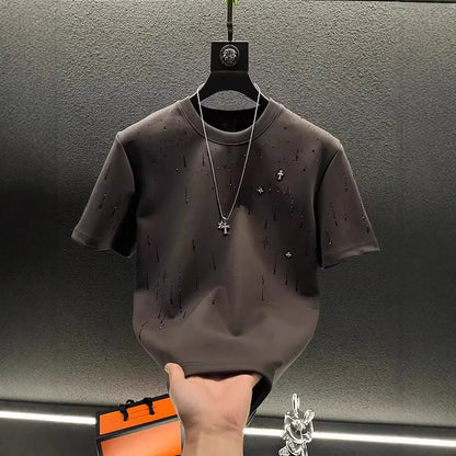 Spring New Heavy Work Light Luxury Custom Short Sleeve T-shirt Top Meteor Full Diamond T-shirt Round Neck Short Sleeve    (Available)