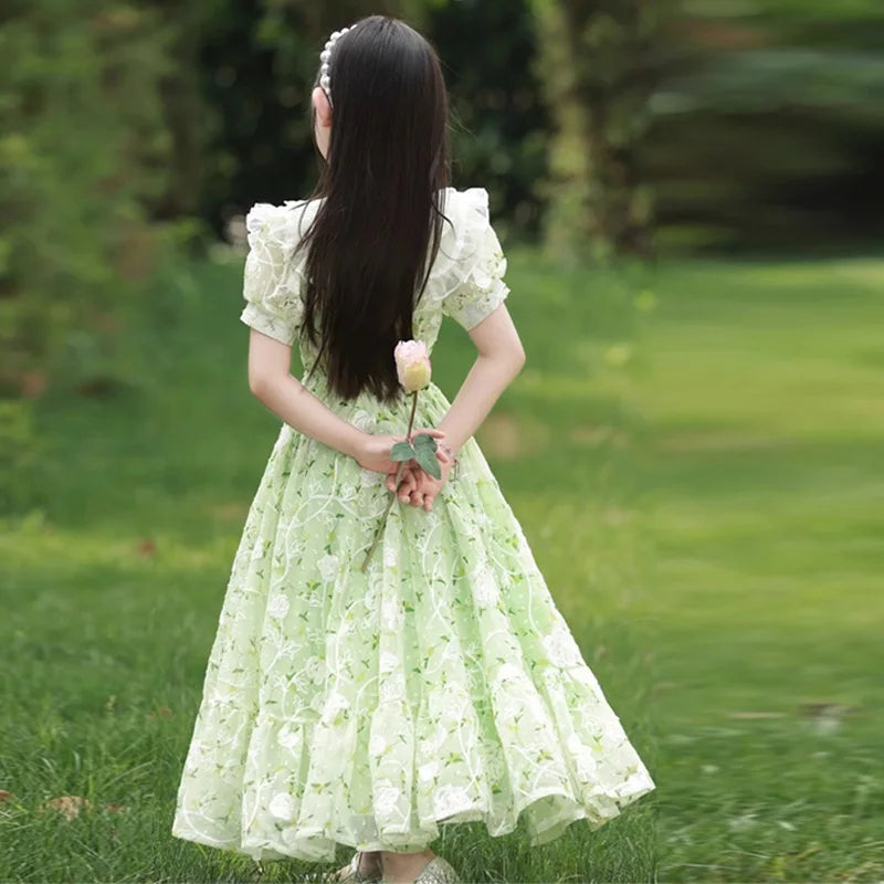 Girls Summer Dresses New Children's Princess Gown Big Kids Short-sleeved Dress Teen Girls Peter Pan Collar Clothing 4-12Y