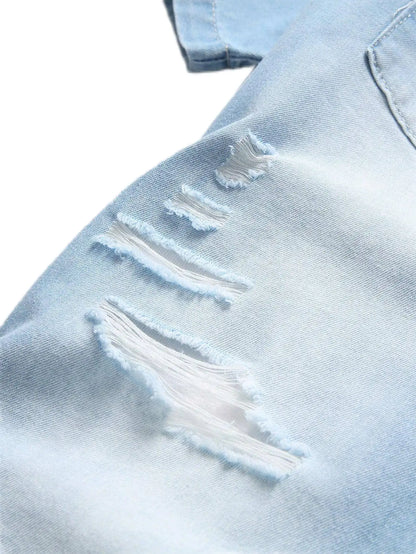 Men's summer blue short-sleeved denim shirt. Regular size. Casual, trendy street style. (Available)
