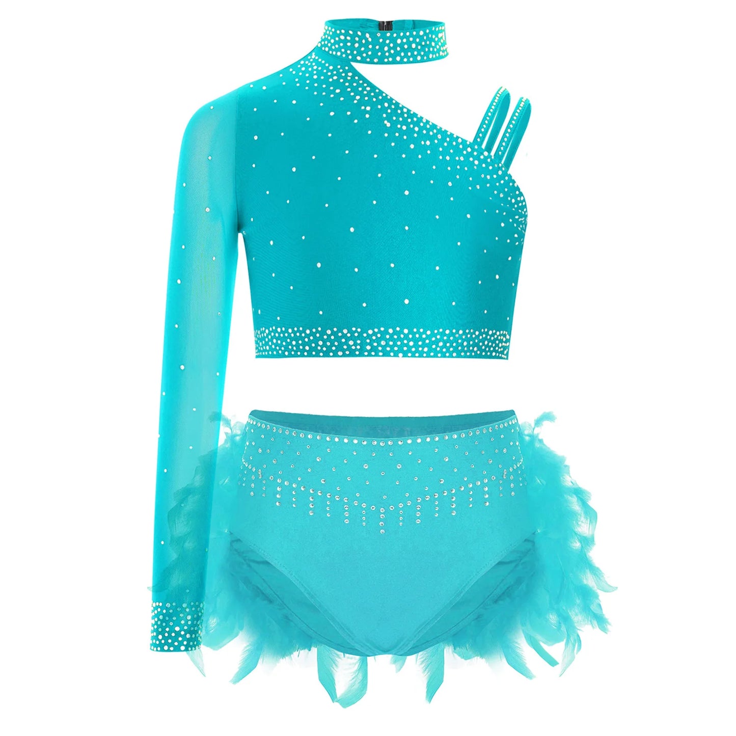 Girls Modern Dance Dress 2 Piece One-shoulder Sleeve Rhinestone Crop Top And Feather Skirts Sets Dance for Stage Performance