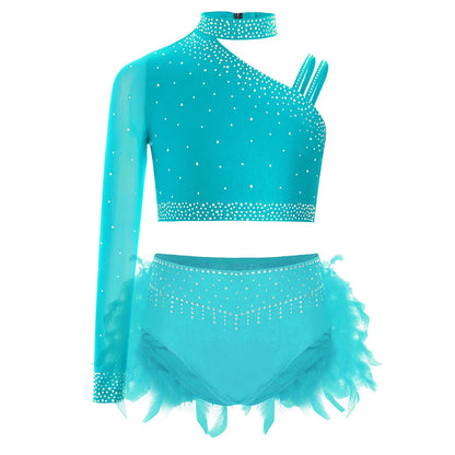Girls Modern Dance Dress 2 Piece One-shoulder Sleeve Rhinestone Crop Top And Feather Skirts Sets Dance for Stage Performance