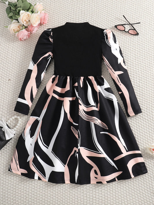 Girls' dress autumn contrasting striped pattern dress fashionable sweet girl elegant style children's princess dress