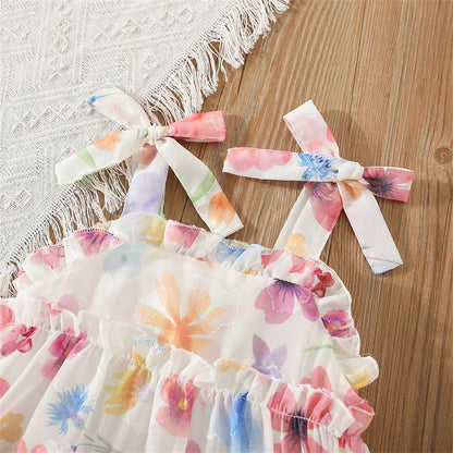 Summer Girls' Dress Strap Chiffon Cool Beach Skirt Beautiful Fragmented Flower Ladies Fashion Bow Sleeveless Skirt