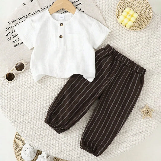 Baby Boy Summer Clothes Set Short Sleeve Top+Striped Pants 2PCS Comforts Outfits for Toddler Boy 1-3 Years Daily Wear Costume