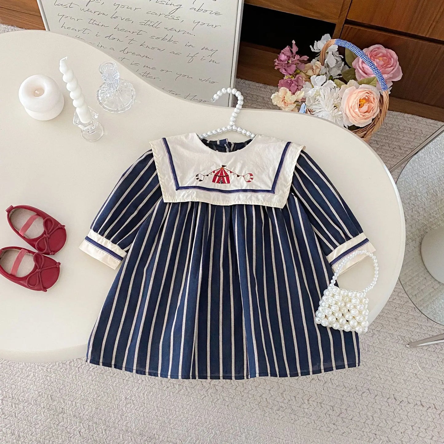 Baby Girl's Dress 2025 Autumn New Retro Children's Embroidered Dress Striped Long-sleeved Princess Dresses