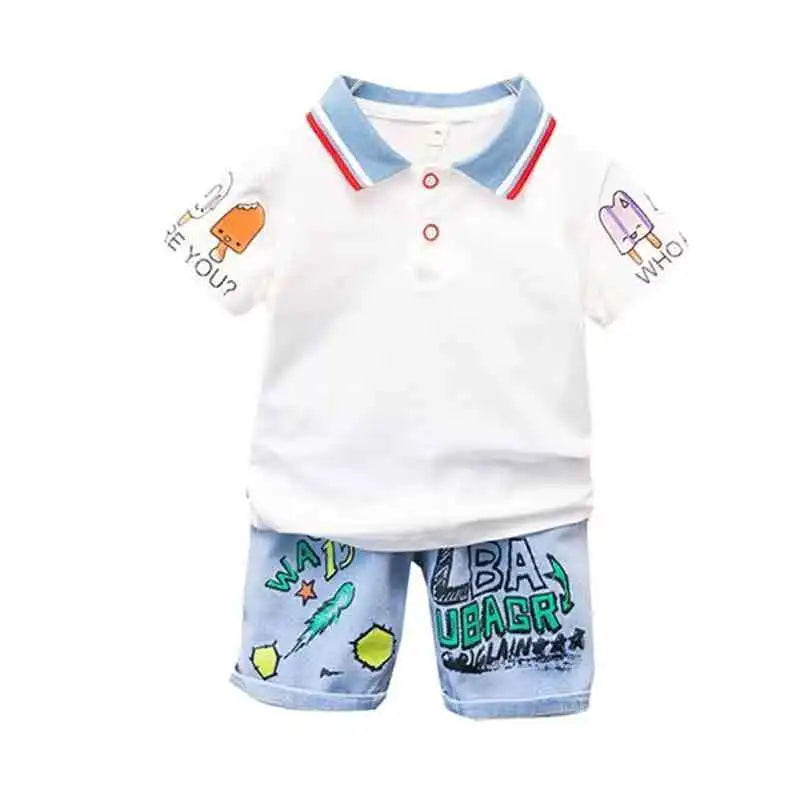 Boys 2025 Summer Outfit T-Shirt and Jeans Korean Polo Fashion 2PCS Casual Clothing Korean Reviews Top Toddler Kids Clothes Sets (Available)