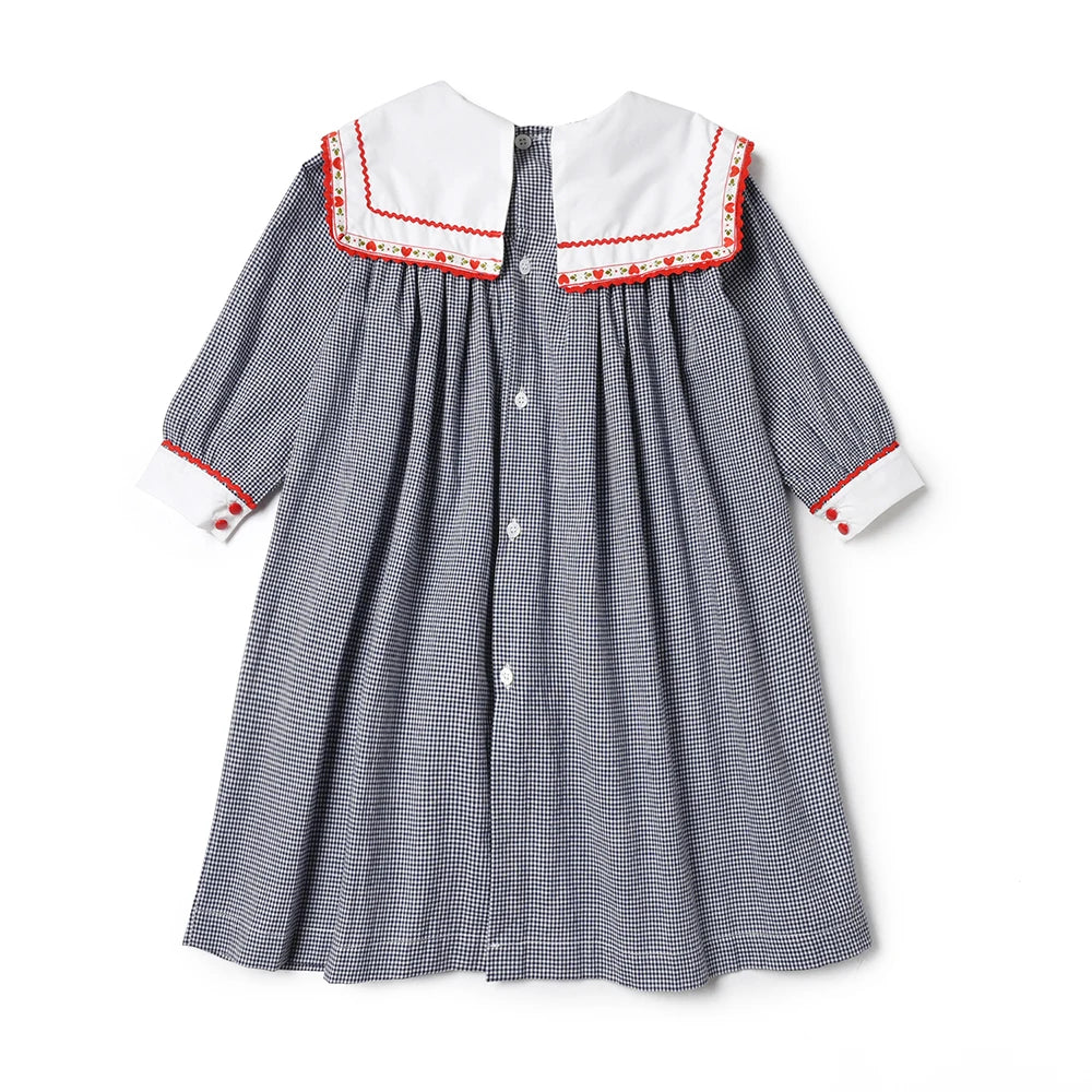 Vintage Dress Girls Kids Boutique Embroidery Square-cut Collar Plaid Dresses Girl Children Seven Sleeves Frocks Casual Clothing