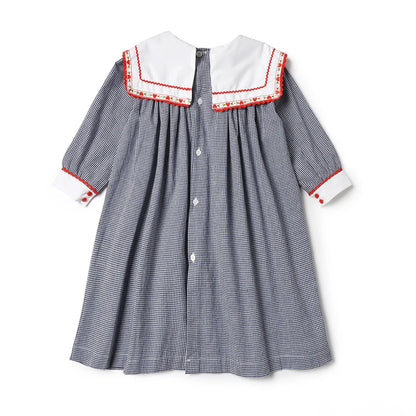 Vintage Dress Girls Kids Boutique Embroidery Square-cut Collar Plaid Dresses Girl Children Seven Sleeves Frocks Casual Clothing