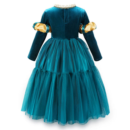 New Cartoon Movie Girls Princess Merida Dress Halloween Brave Princess Costume Children Green Velvet Long Sleeve Vintage Clothes