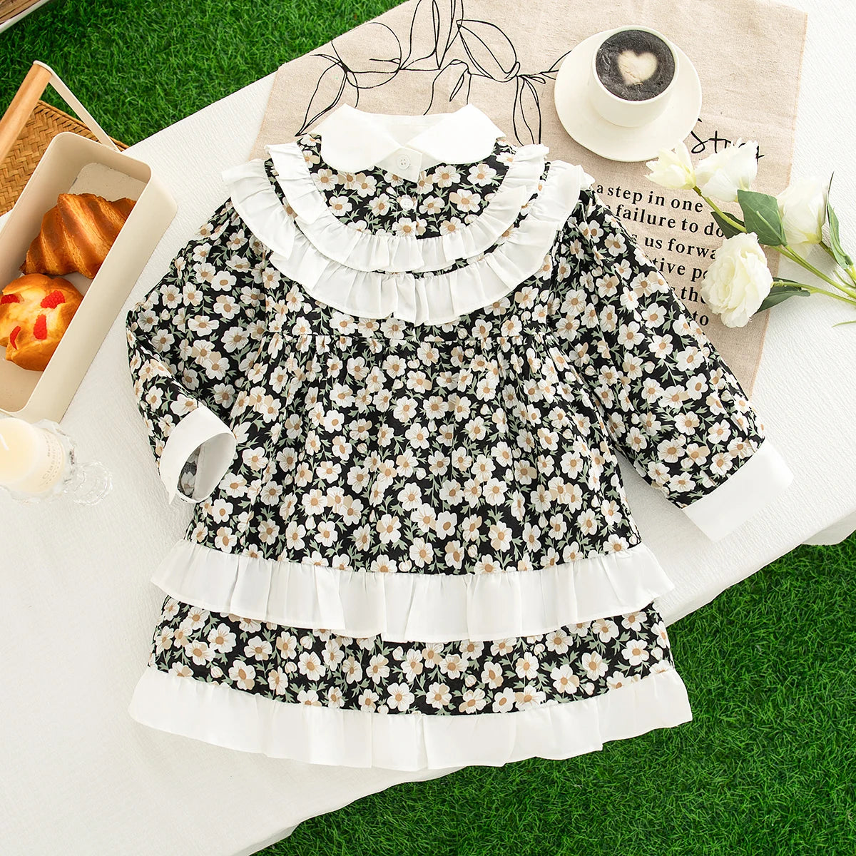 Girls' Dress Spring and Autumn Full Print Flowers Long Sleeve Baby Dresses Sweet Lace Baby Girl Dress Baby Girl Clothes