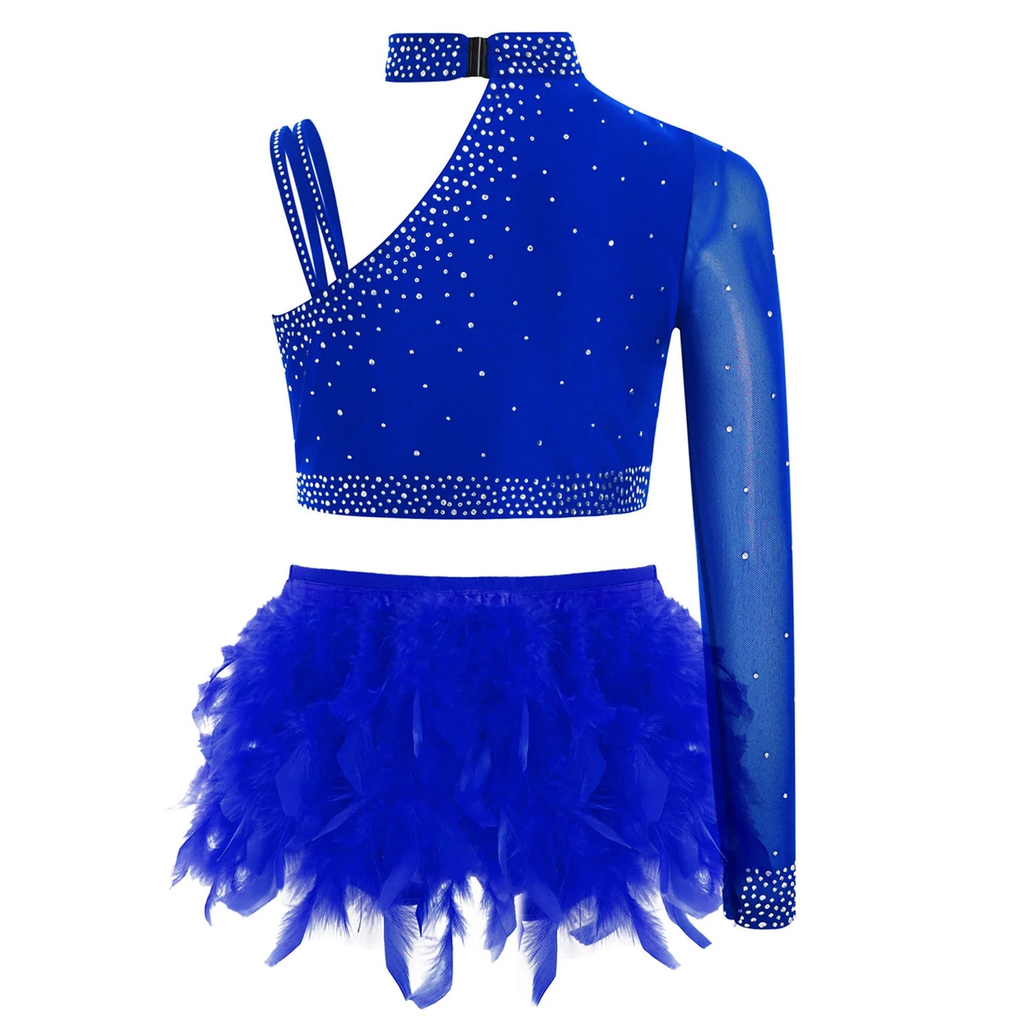 Girls Modern Dance Dress 2 Piece One-shoulder Sleeve Rhinestone Crop Top And Feather Skirts Sets Dance for Stage Performance