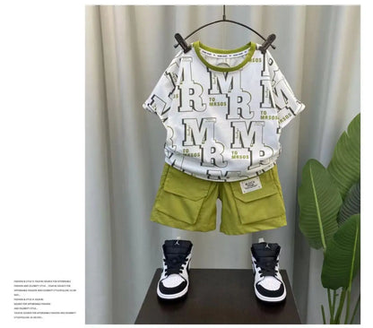 Boys Summer Short Sleeve Set 2024 New Fashionable Baby Clothes Boys Handsome Clothes Children's Letter Two Piece Set