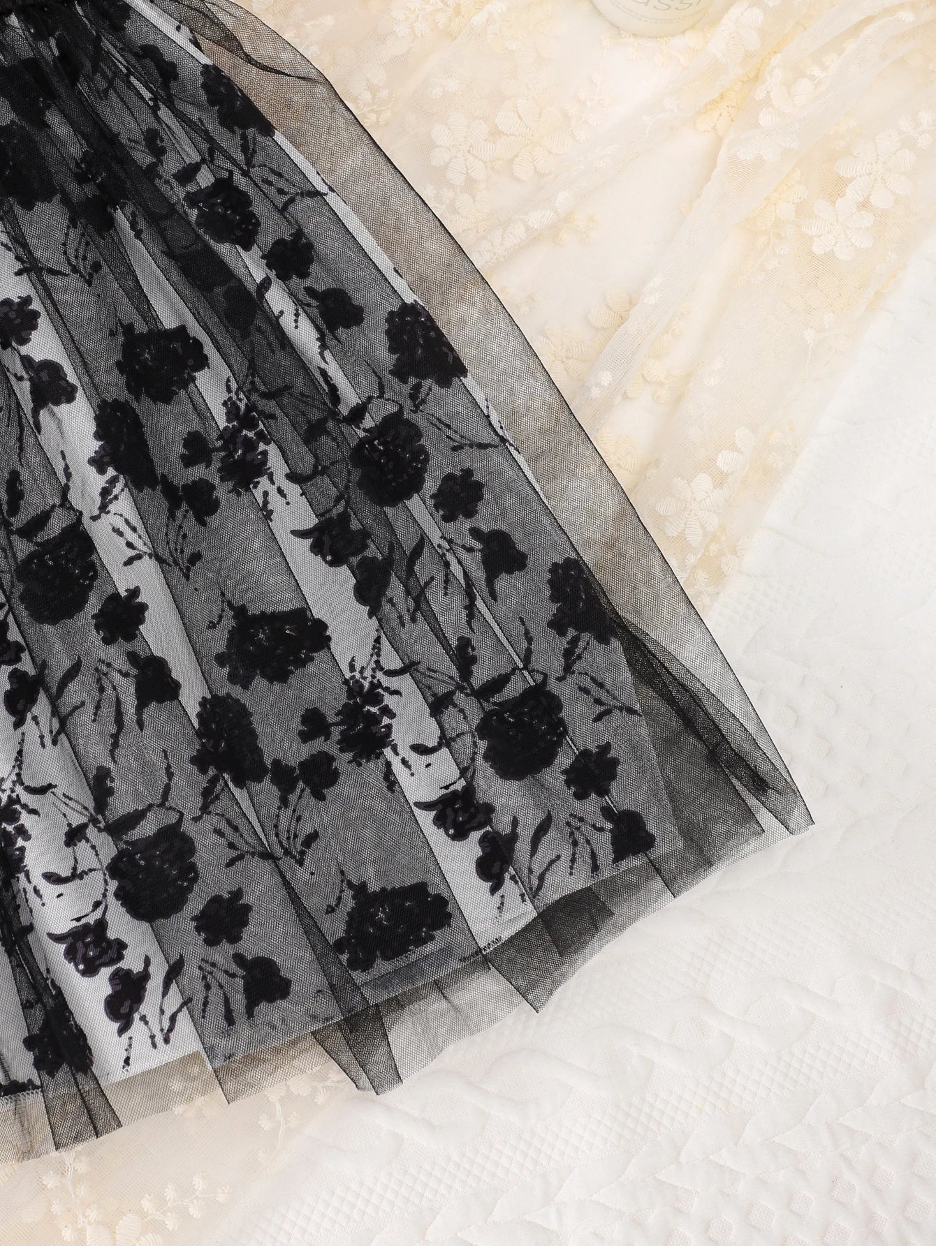 New Summer Outdoor Dress For Girls: Children's Black Striped Top Flower-Printed Mesh Long Dress