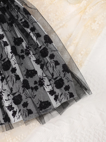 New Summer Outdoor Dress For Girls: Children's Black Striped Top Flower-Printed Mesh Long Dress