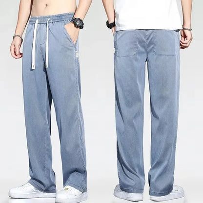 2025 New Summer Soft Lyocell Fabric Men's Jeans Thin Loose Straight Pants Drawstring Elastic Waist Korea Casual Trousers (Available)